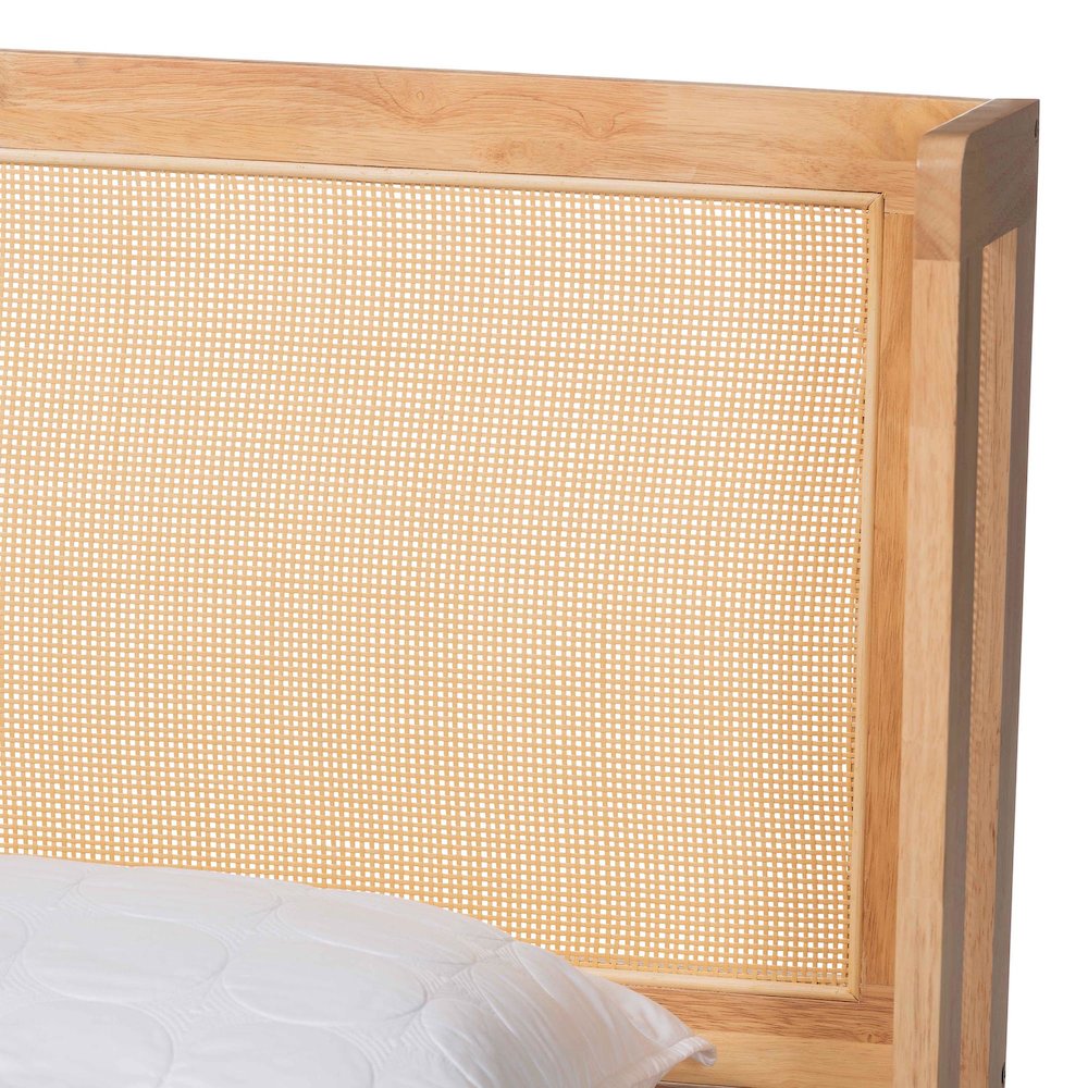 Glennis Japandi Natural Brown Wood Queen Size Platform Bed with Woven Rattan. Picture 4