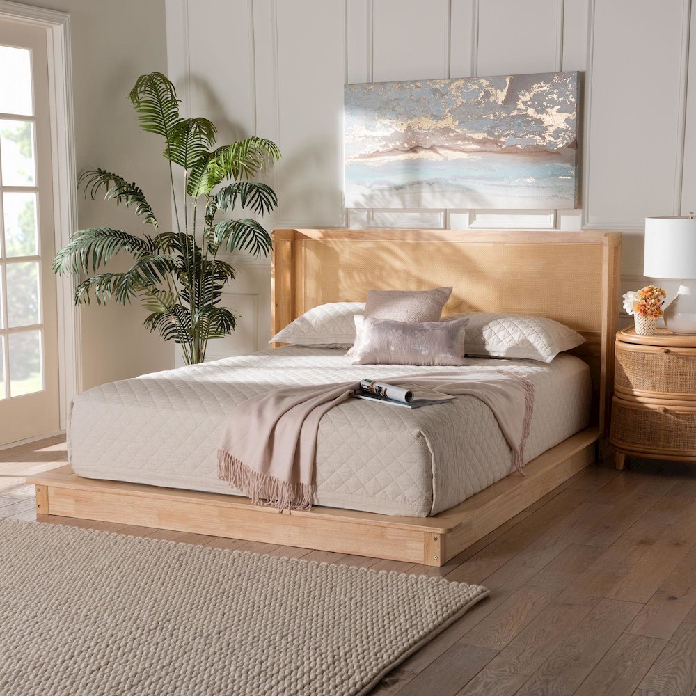 Glennis Japandi Natural Brown Wood Queen Size Platform Bed with Woven Rattan. Picture 7