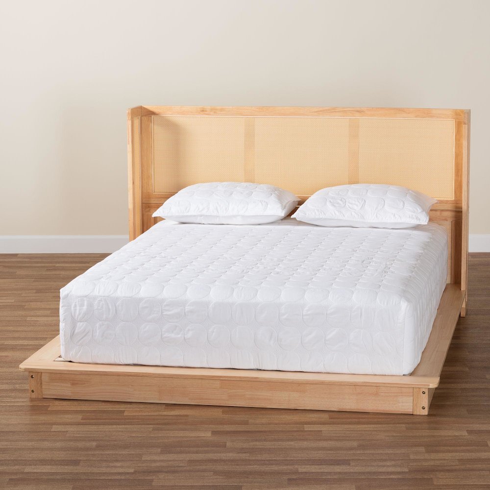 Glennis Japandi Natural Brown Wood Queen Size Platform Bed with Woven Rattan. Picture 8