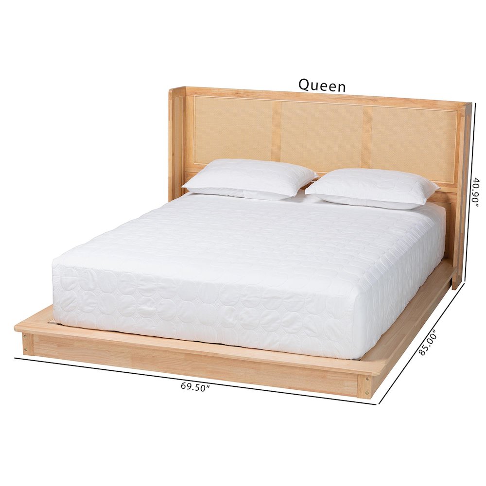 Glennis Japandi Natural Brown Wood Queen Size Platform Bed with Woven Rattan. Picture 9