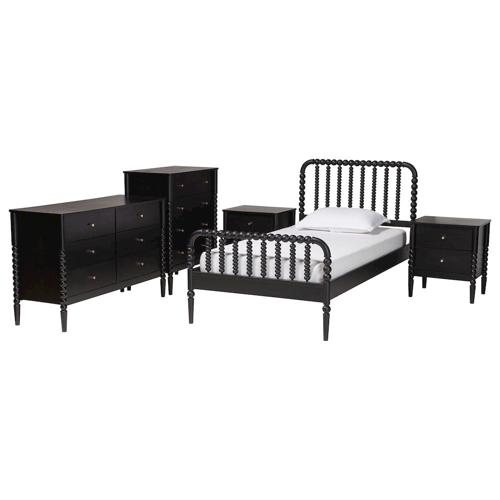 Lucera Mid-Century Black Twin Size 5-Piece Bobbin Bedroom Set. Picture 1