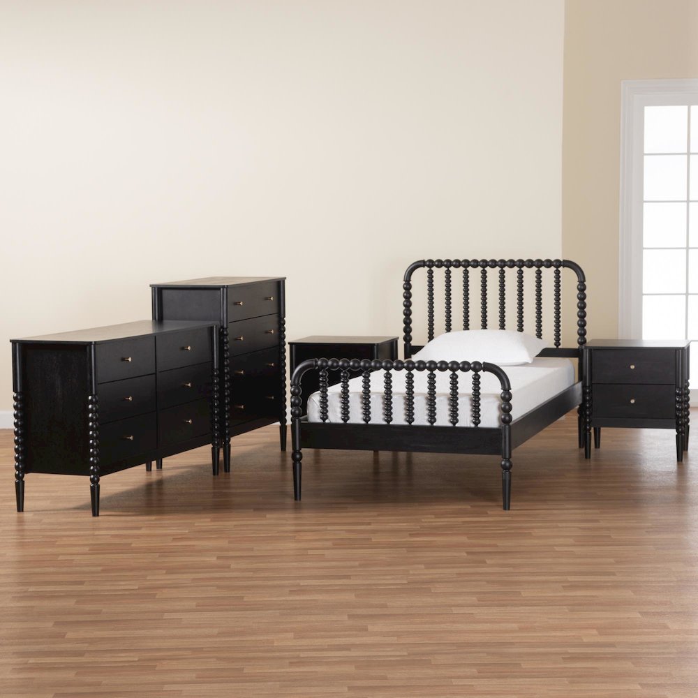 Lucera Mid-Century Black Twin Size 5-Piece Bobbin Bedroom Set. Picture 13