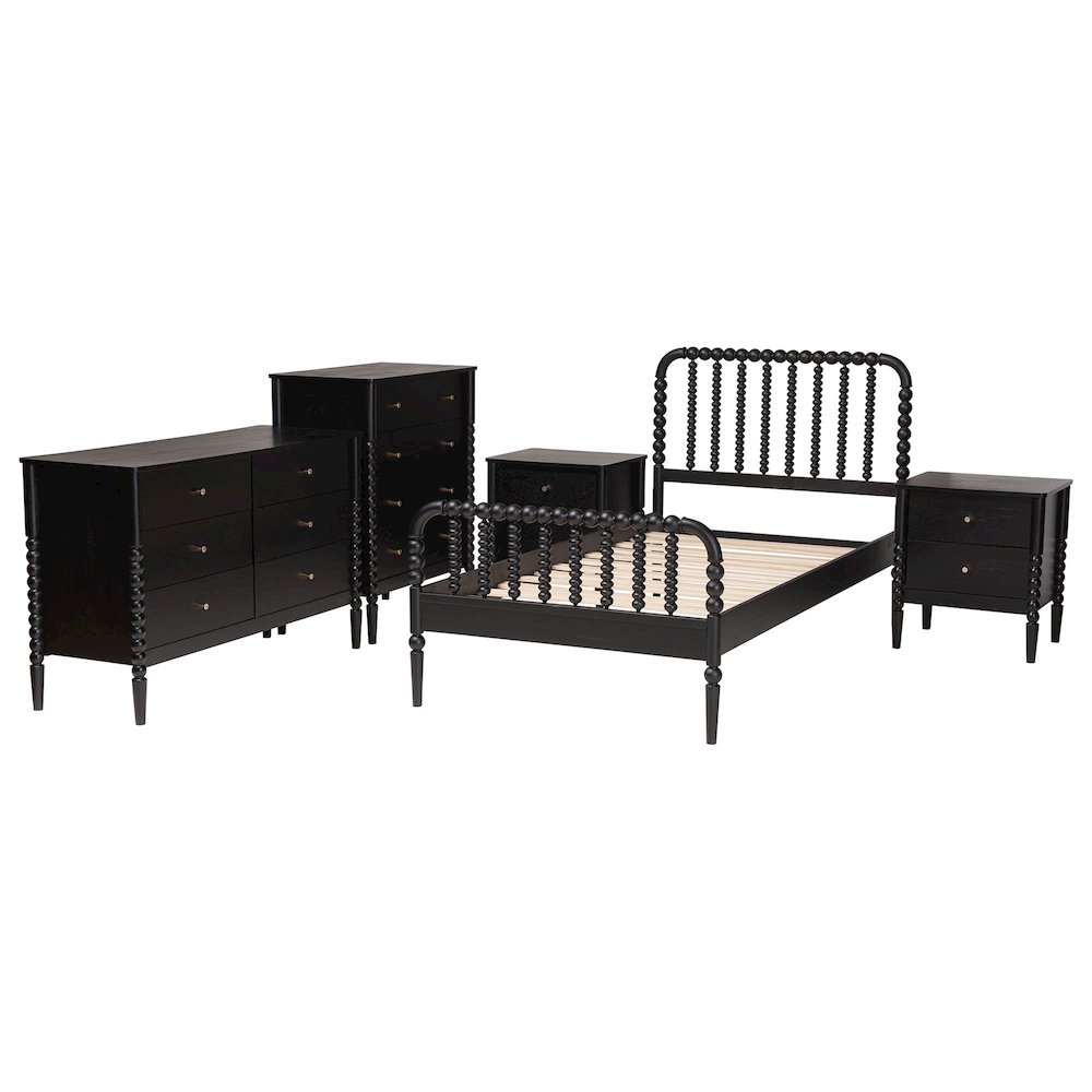 Lucera Mid-Century Black Twin Size 5-Piece Bobbin Bedroom Set. Picture 2