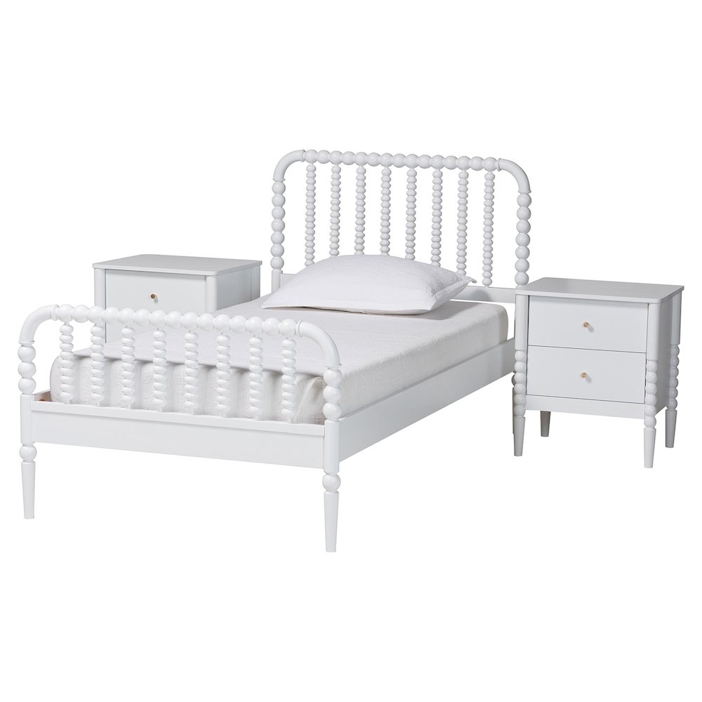 Lucera Mid-Century White Twin Size 3-Piece Bobbin Bedroom Set. Picture 1