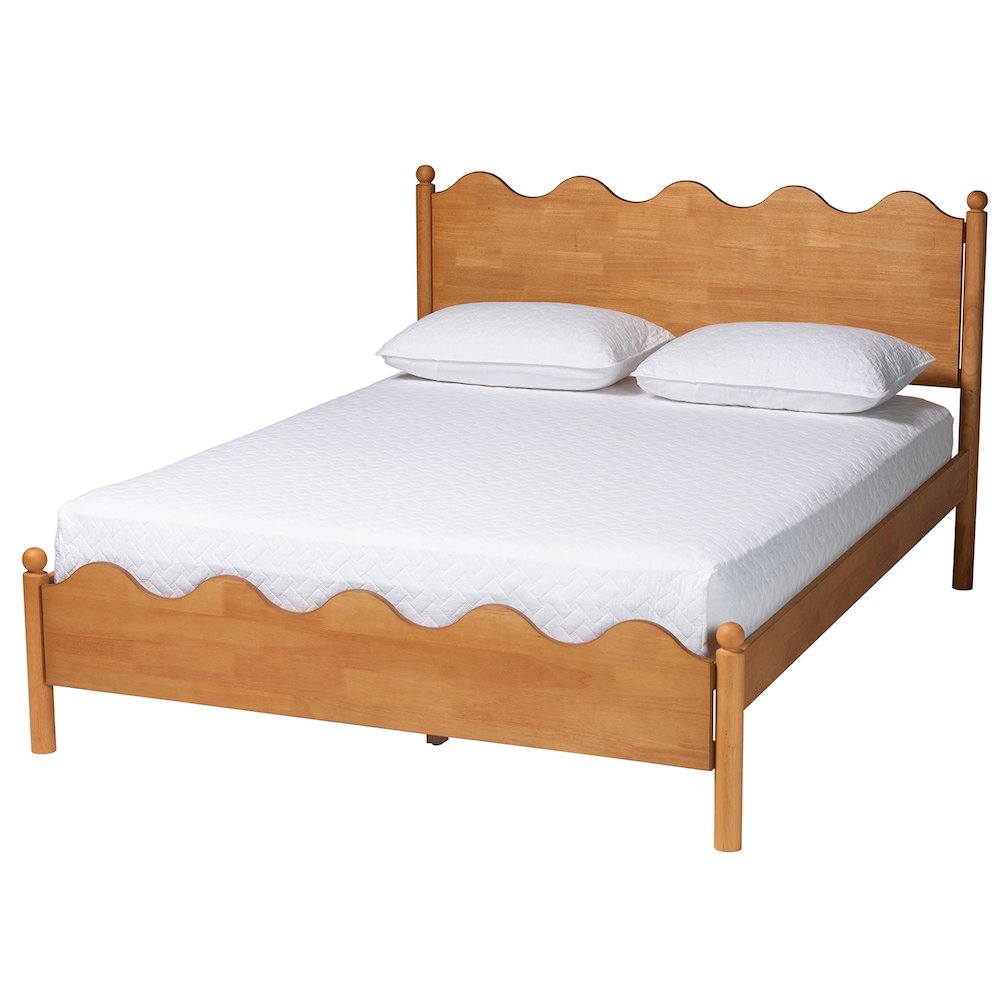 Malaya Modern Oak Brown Wood Queen Platform Bed with Scalloped Edges. Picture 1