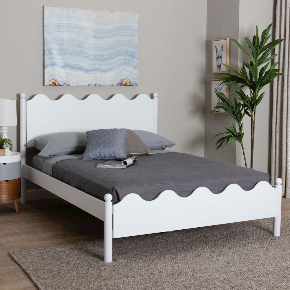 Malaya Modern White Wood Full Platform Bed with Scalloped Edges. Picture 7