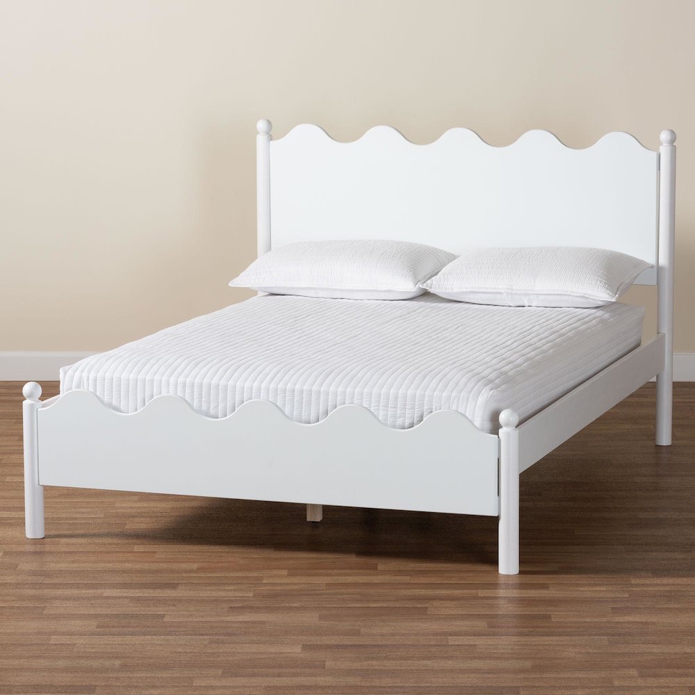 Malaya Modern White Wood Full Platform Bed with Scalloped Edges. Picture 8