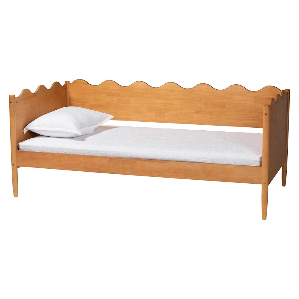 Malaya Modern Oak Brown Wood Twin Daybed with Scalloped Edges. Picture 1