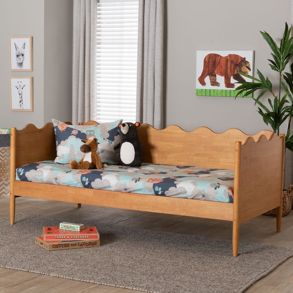 Malaya Modern Oak Brown Wood Twin Daybed with Scalloped Edges. Picture 7