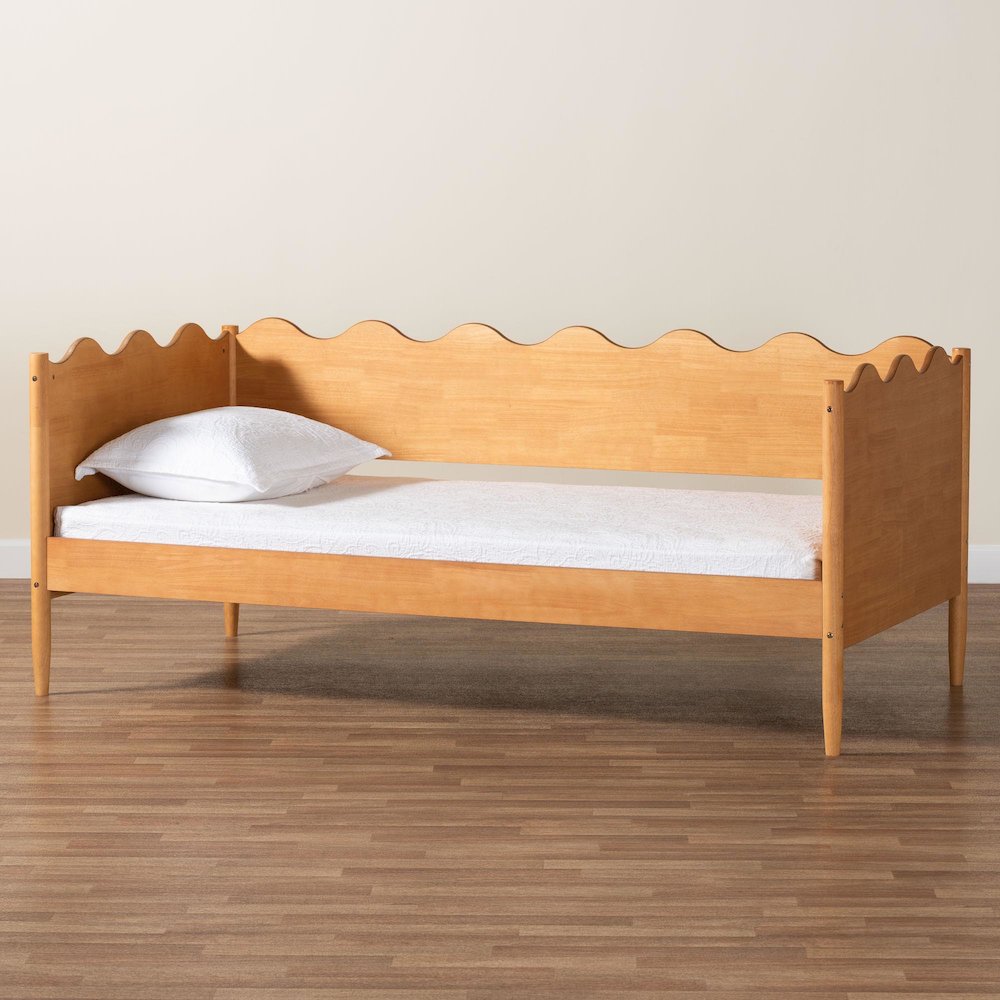 Malaya Modern Oak Brown Wood Twin Daybed with Scalloped Edges. Picture 8