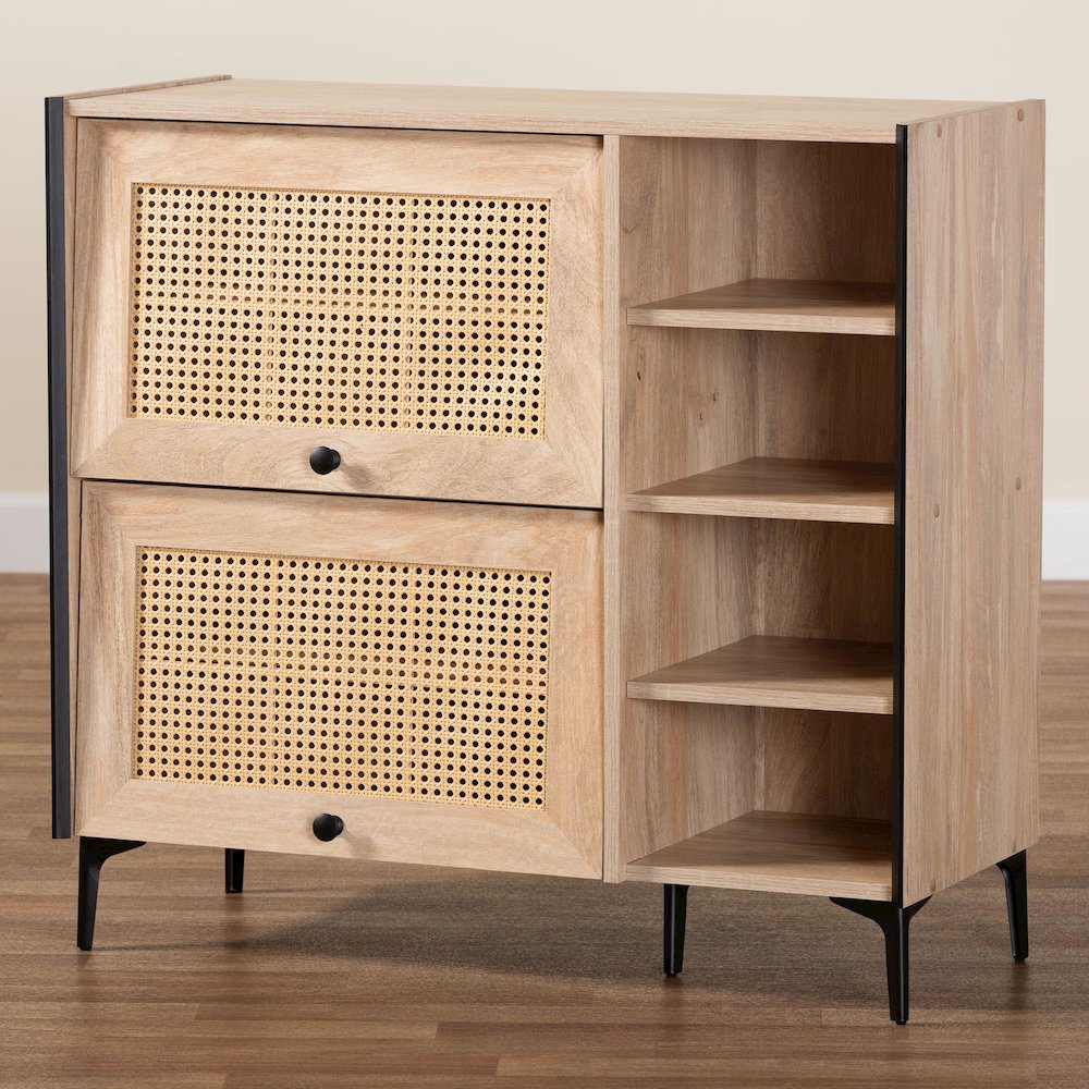 Studio Malcolm Mid-Century Modern Oak Brown Wood Shoe Cabinet with Flipper Doors. Picture 10
