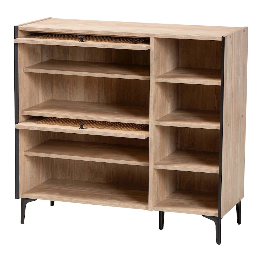 Studio Malcolm Mid-Century Modern Oak Brown Wood Shoe Cabinet with Flipper Doors. Picture 2