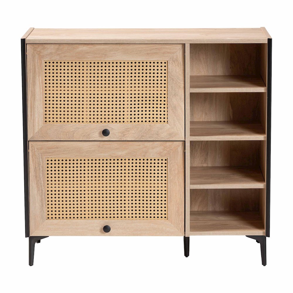 Studio Malcolm Mid-Century Modern Oak Brown Wood Shoe Cabinet with Flipper Doors. Picture 3