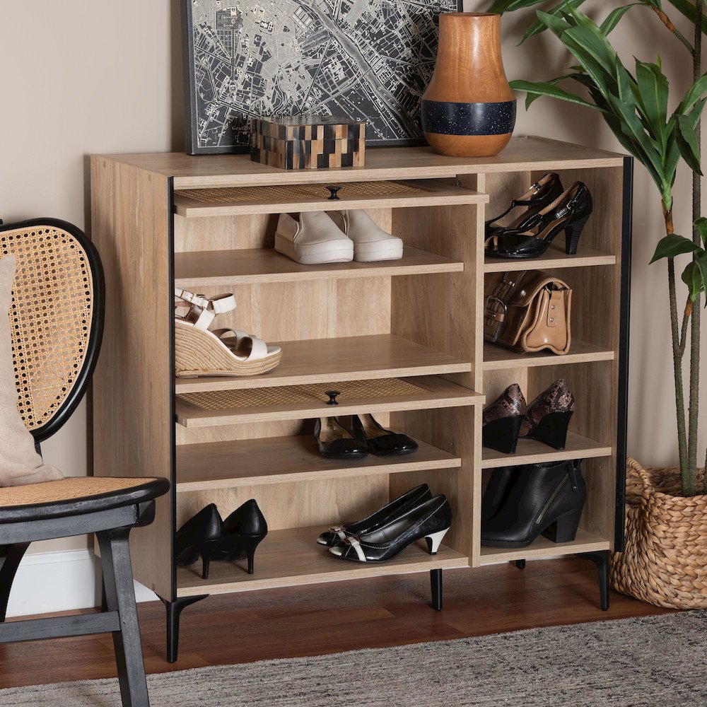 Studio Malcolm Mid-Century Modern Oak Brown Wood Shoe Cabinet with Flipper Doors. Picture 9