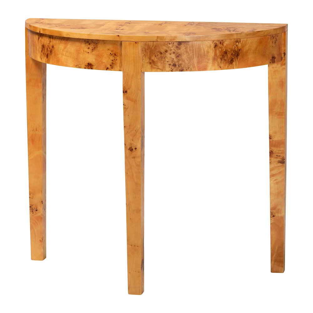 Jihan Modern and  Natural Real Burl Wood Half-Moon Console Table. Picture 1