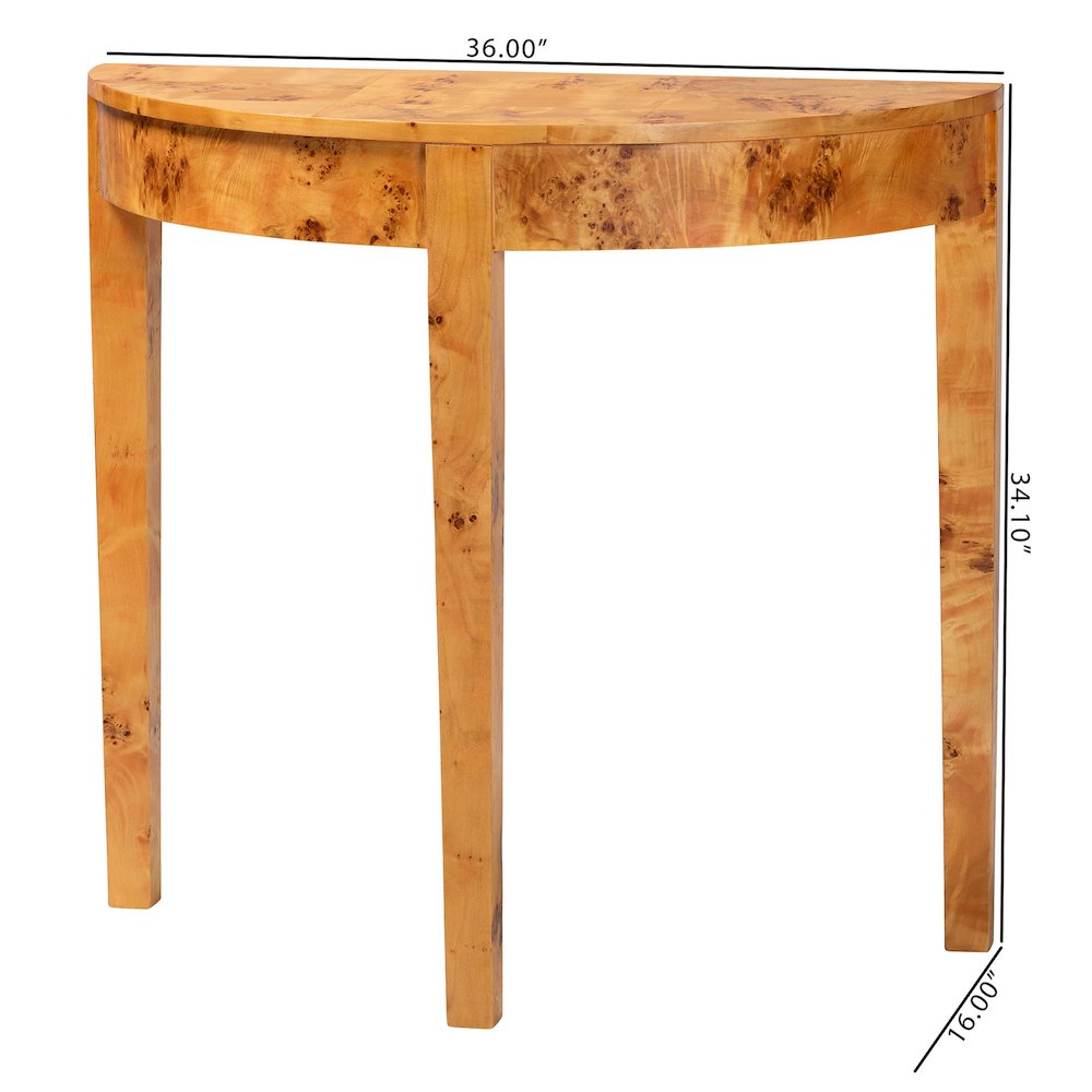 Jihan Modern and  Natural Real Burl Wood Half-Moon Console Table. Picture 10