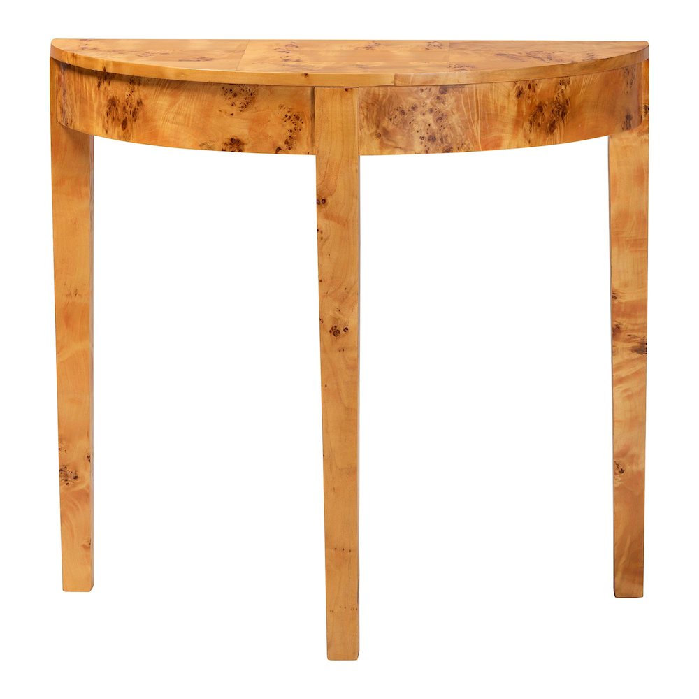 Jihan Modern and  Natural Real Burl Wood Half-Moon Console Table. Picture 2