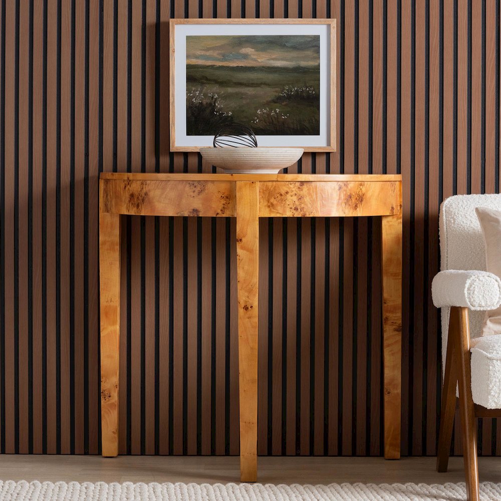 Jihan Modern and  Natural Real Burl Wood Half-Moon Console Table. Picture 8