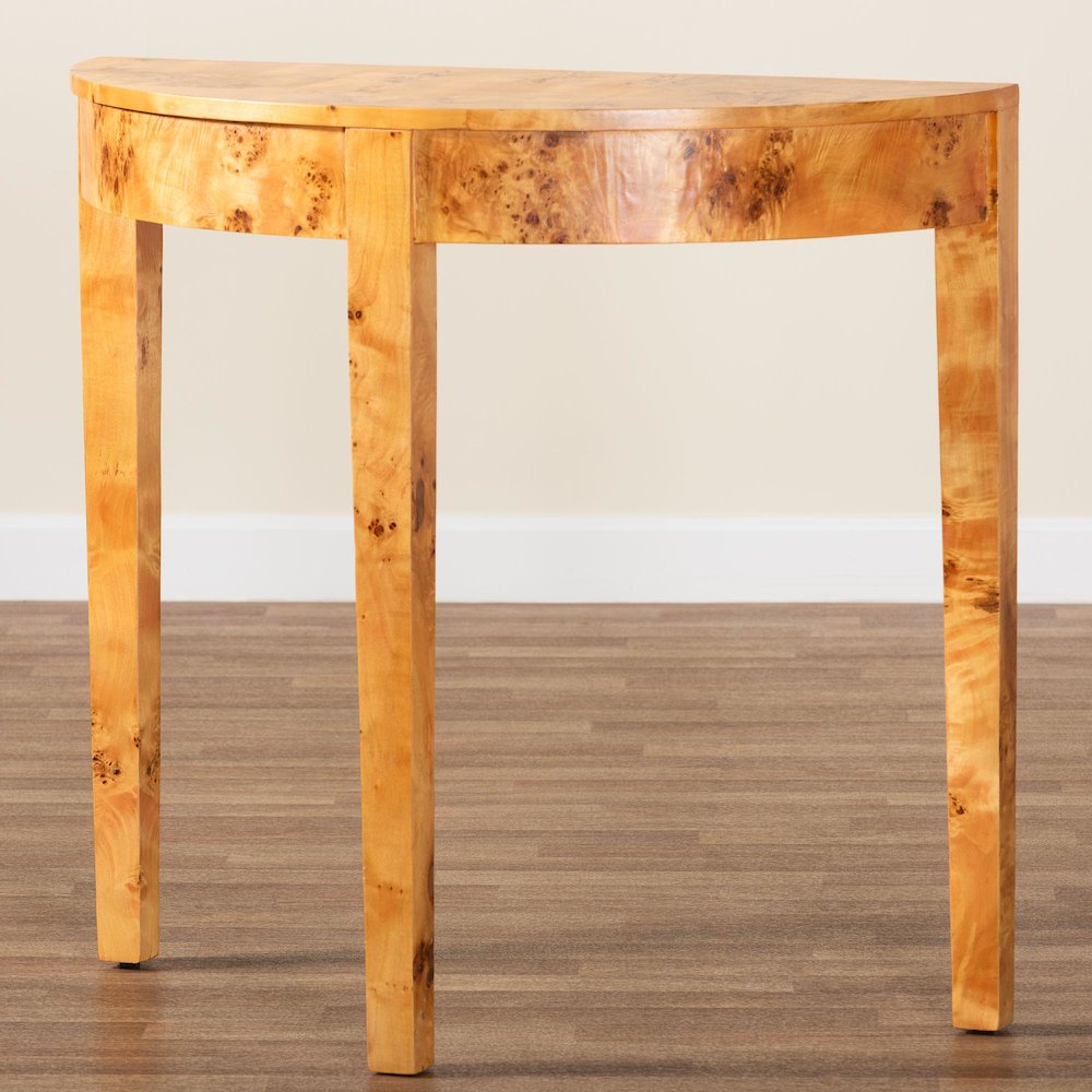 Jihan Modern and  Natural Real Burl Wood Half-Moon Console Table. Picture 9