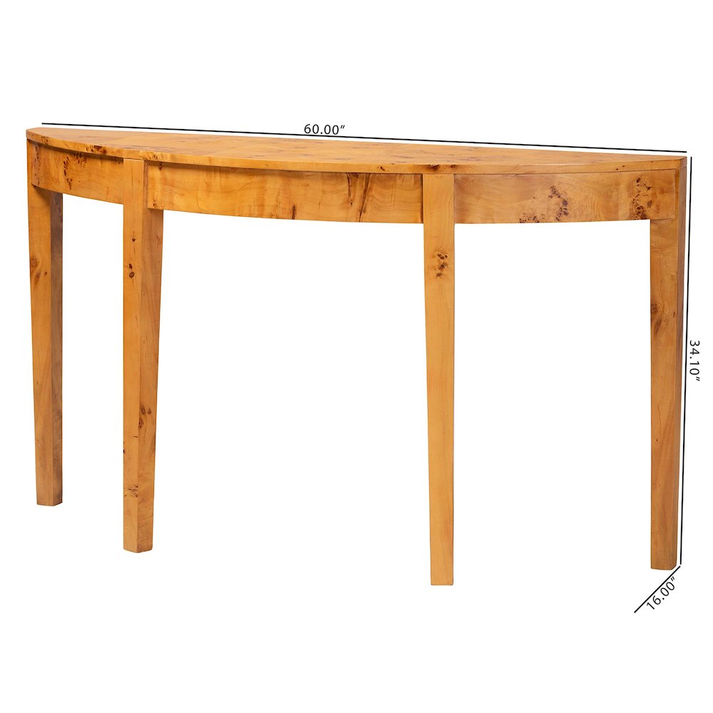 Jihan Modern and  Natural Real Burl Wood Half-Moon Large Console Table. Picture 10