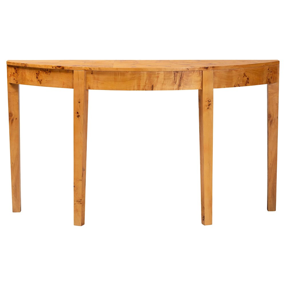 Jihan Modern and  Natural Real Burl Wood Half-Moon Large Console Table. Picture 2