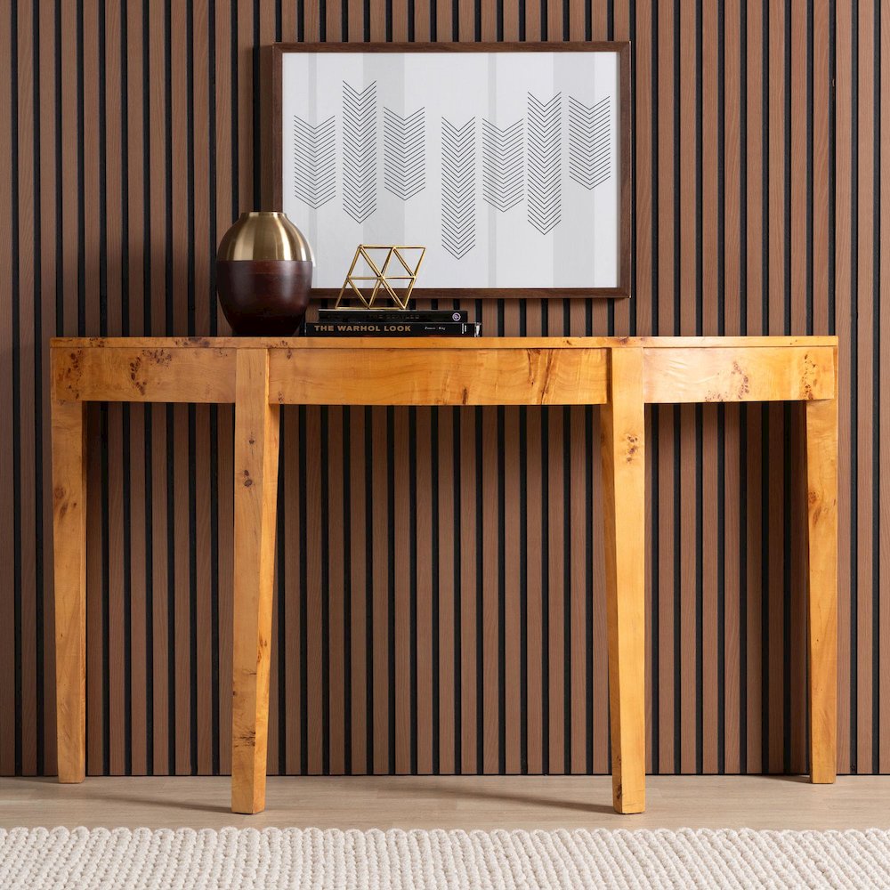 Jihan Modern and  Natural Real Burl Wood Half-Moon Large Console Table. Picture 8