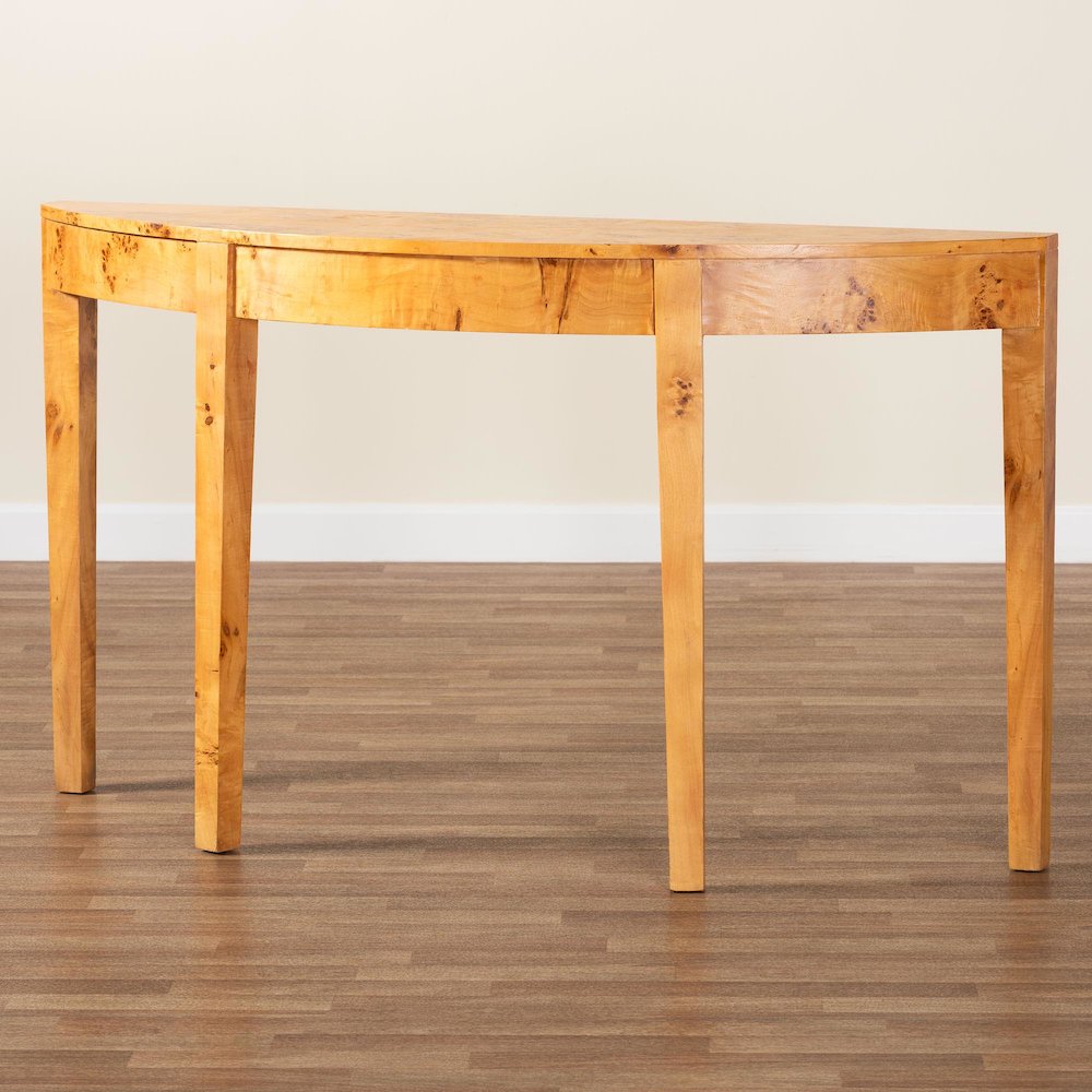 Jihan Modern and  Natural Real Burl Wood Half-Moon Large Console Table. Picture 9