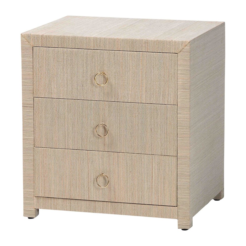Quinn Bohemian Woven Natural Grasscloth 3-Drawer Nightstand. Picture 1
