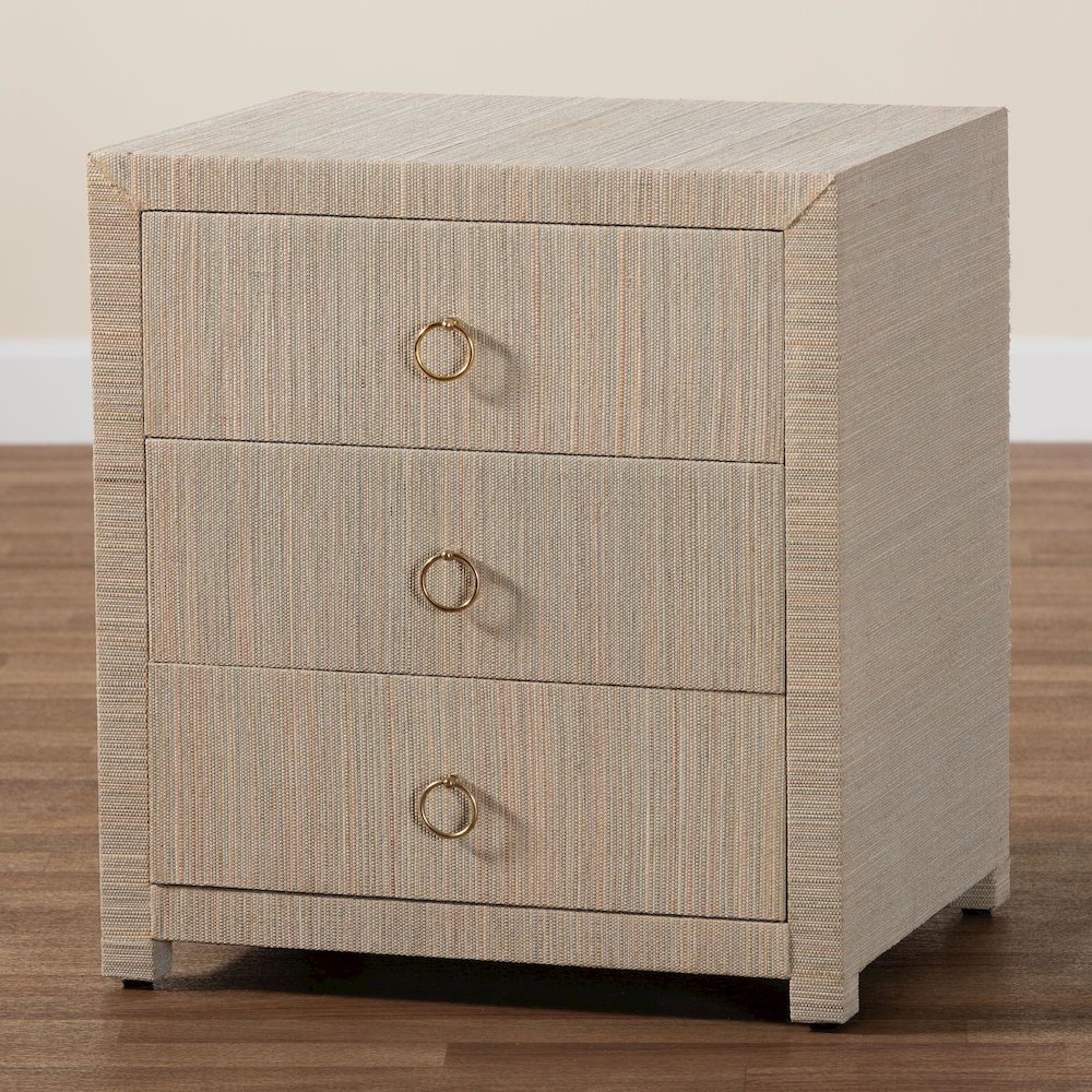 Quinn Bohemian Woven Natural Grasscloth 3-Drawer Nightstand. Picture 10