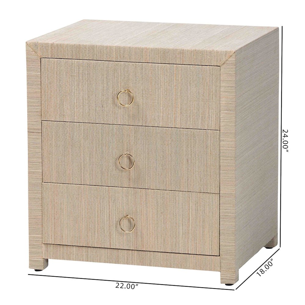 Quinn Bohemian Woven Natural Grasscloth 3-Drawer Nightstand. Picture 11