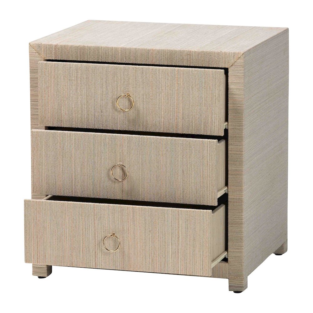 Quinn Bohemian Woven Natural Grasscloth 3-Drawer Nightstand. Picture 2