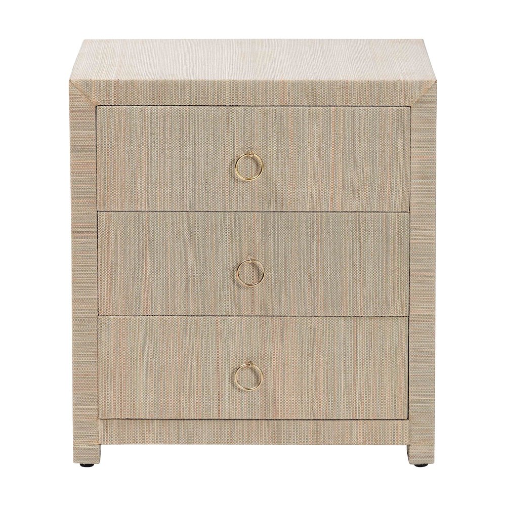 Quinn Bohemian Woven Natural Grasscloth 3-Drawer Nightstand. Picture 3