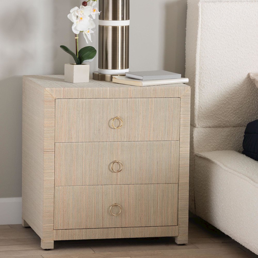 Quinn Bohemian Woven Natural Grasscloth 3-Drawer Nightstand. Picture 9