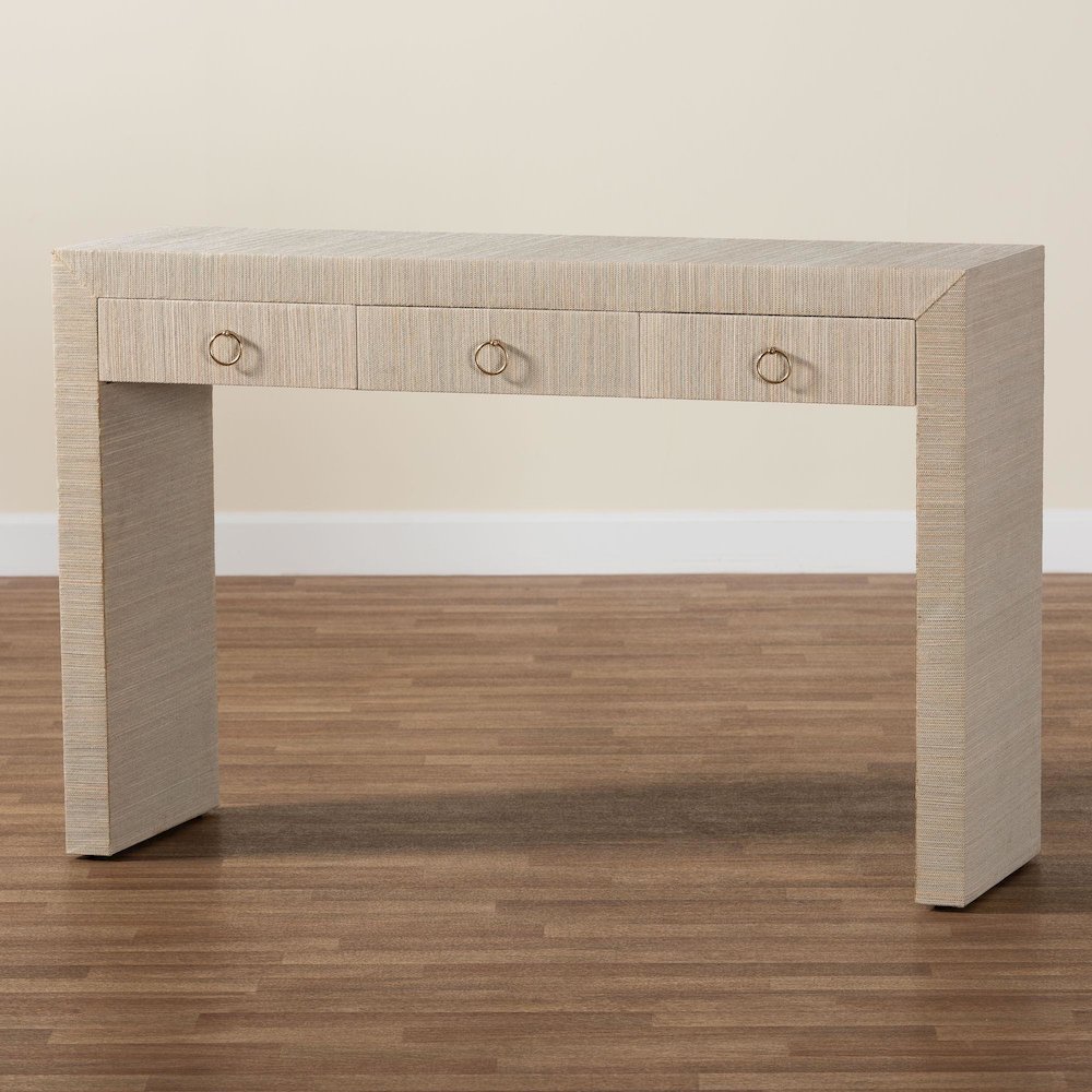 Cielo Bohemian Woven Natural Grasscloth 3-Drawer Console Table. Picture 10