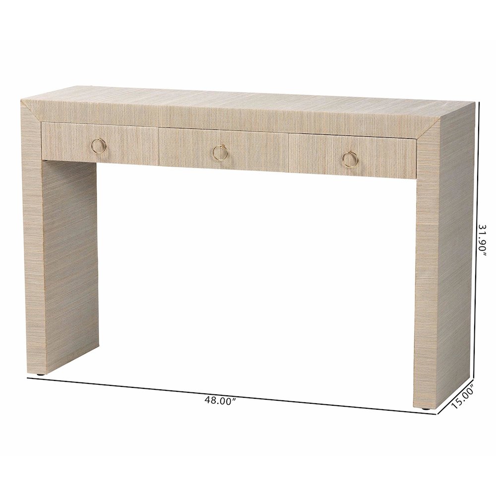 Cielo Bohemian Woven Natural Grasscloth 3-Drawer Console Table. Picture 11