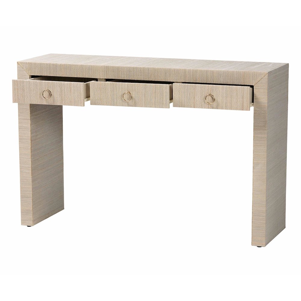 Cielo Bohemian Woven Natural Grasscloth 3-Drawer Console Table. Picture 2