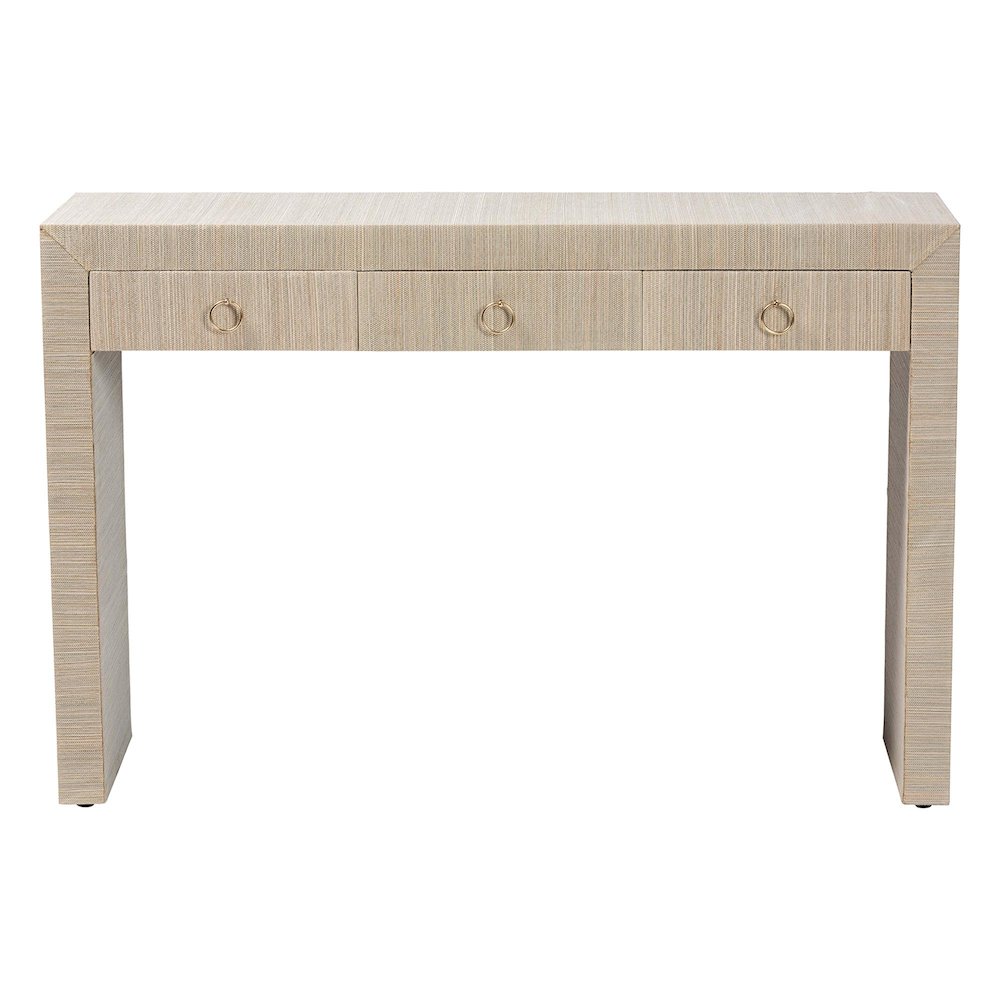 Cielo Bohemian Woven Natural Grasscloth 3-Drawer Console Table. Picture 3