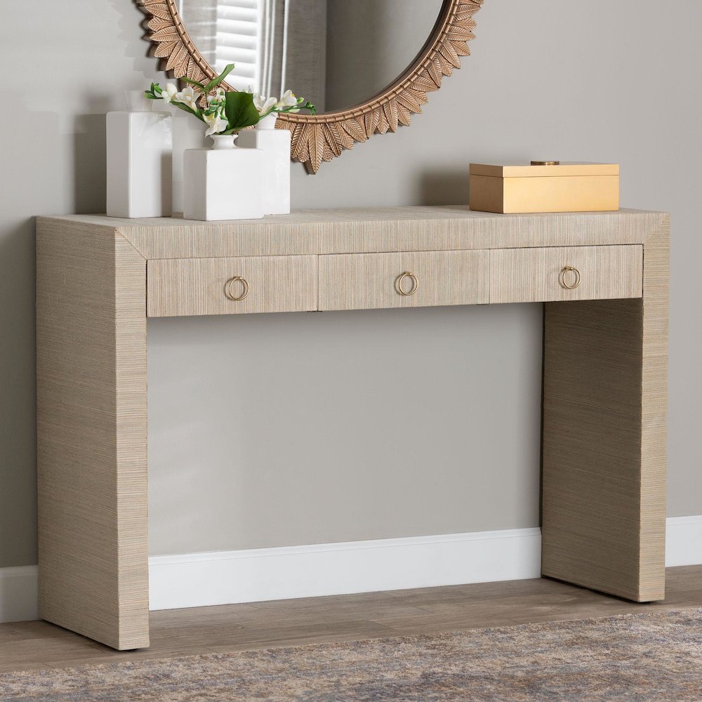 Cielo Bohemian Woven Natural Grasscloth 3-Drawer Console Table. Picture 9