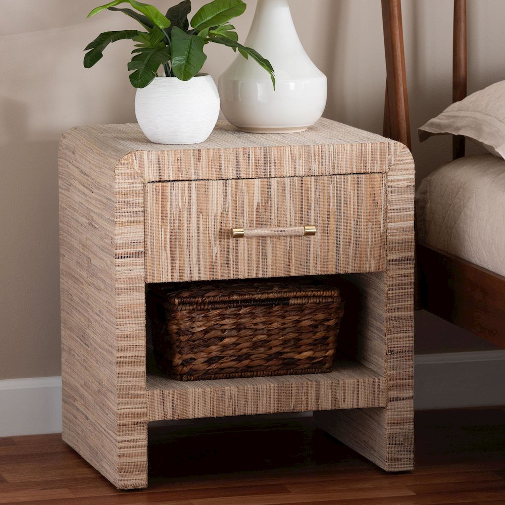 Callan Bohemian Woven Natural Grasscloth 1-Drawer Nightstand. Picture 9