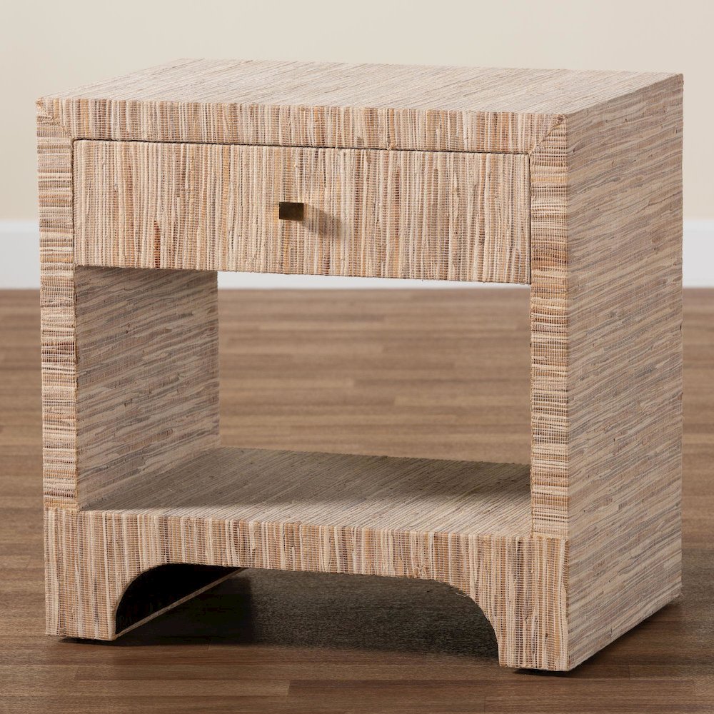 Julia Bohemian Woven Natural Grasscloth 1-Drawer Nightstand. Picture 10