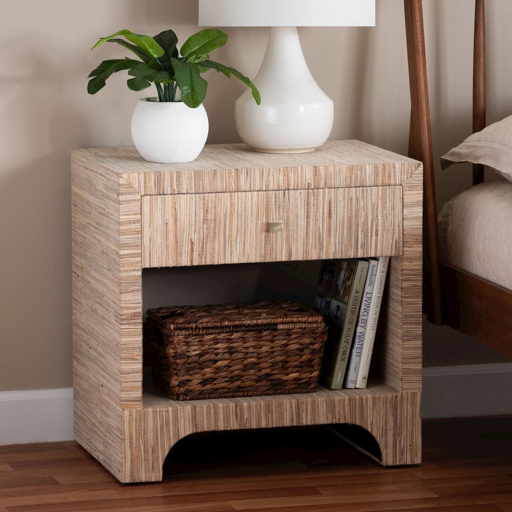 Julia Bohemian Woven Natural Grasscloth 1-Drawer Nightstand. Picture 9