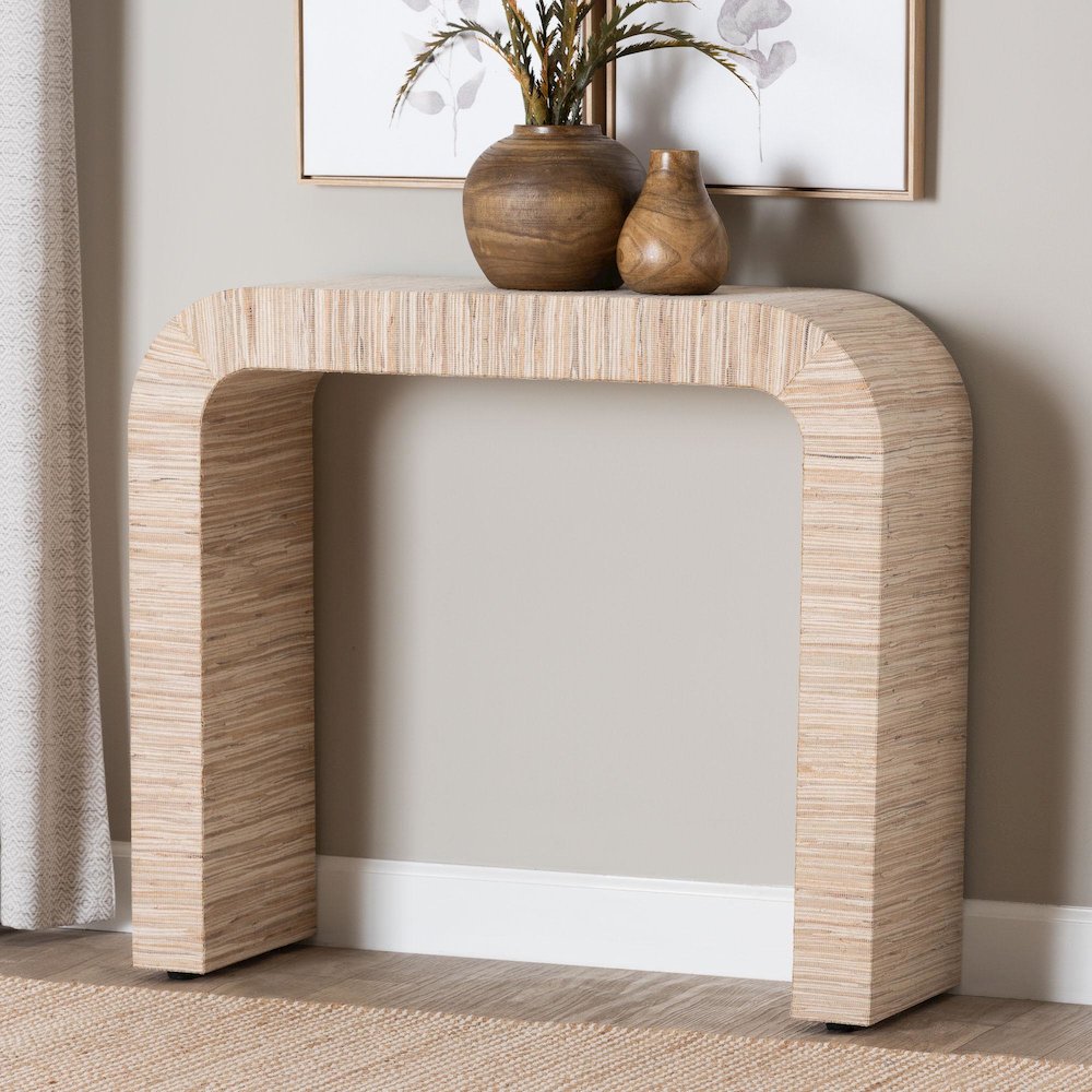 Yareli Bohemian Woven Natural Grasscloth Console Table. Picture 6