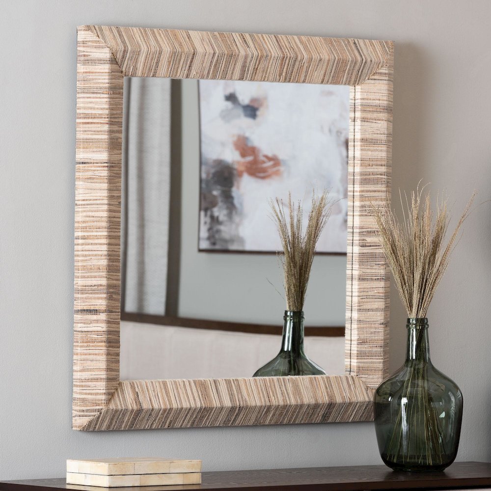 Adino Bohemian Woven Natural Grasscloth Rectangle Accent Mirror. Picture 4