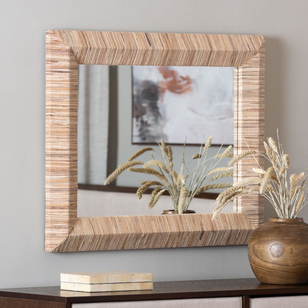 Adino Bohemian Woven Natural Grasscloth Square Accent Mirror. Picture 4