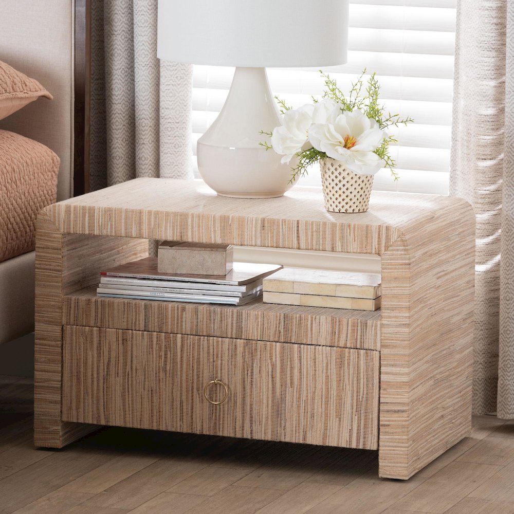 Hannah Bohemian Woven Grasscloth 1-Drawer Nightstand. Picture 9