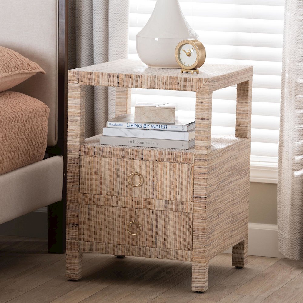 Paine Bohemian Woven Grasscloth 2-Drawer Nightstand. Picture 9