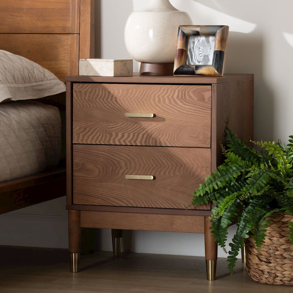 Mandolin Mid-Century Ash Walnut Wood 2-Drawer Nightstand. Picture 8