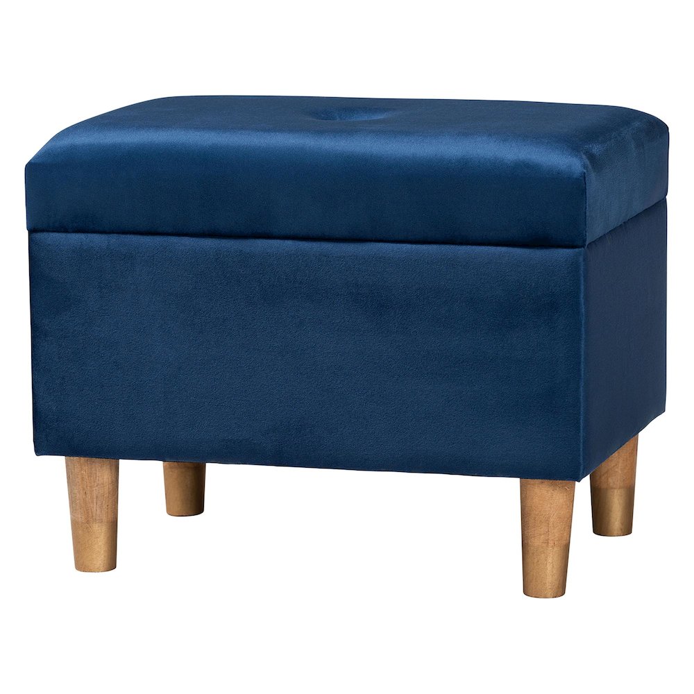Elias Modern Navy Blue Velvet Fabric Storage Ottoman. Picture 1