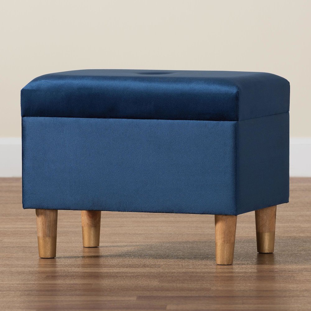Elias Modern Navy Blue Velvet Fabric Storage Ottoman. Picture 10
