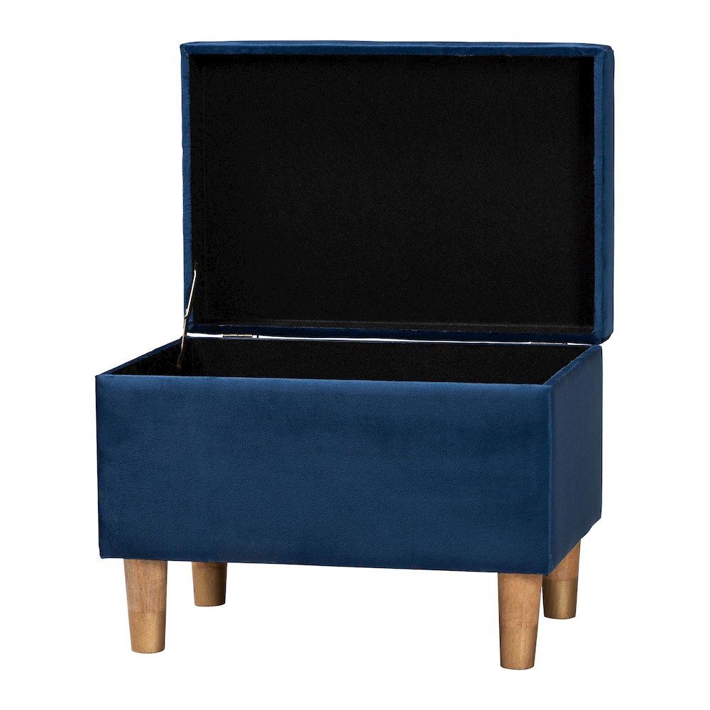 Elias Modern Navy Blue Velvet Fabric Storage Ottoman. Picture 2